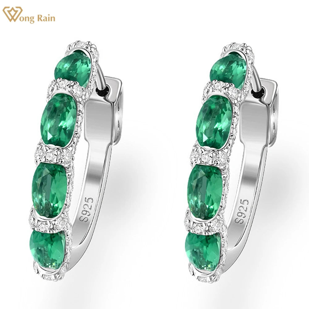 Wong Rain Luxury 925 Sterling Silver Oval Emerald Ruby Pink Sapphire Gemstone Hoop Earrings Wedding Engagement Fine Jewelry Gift