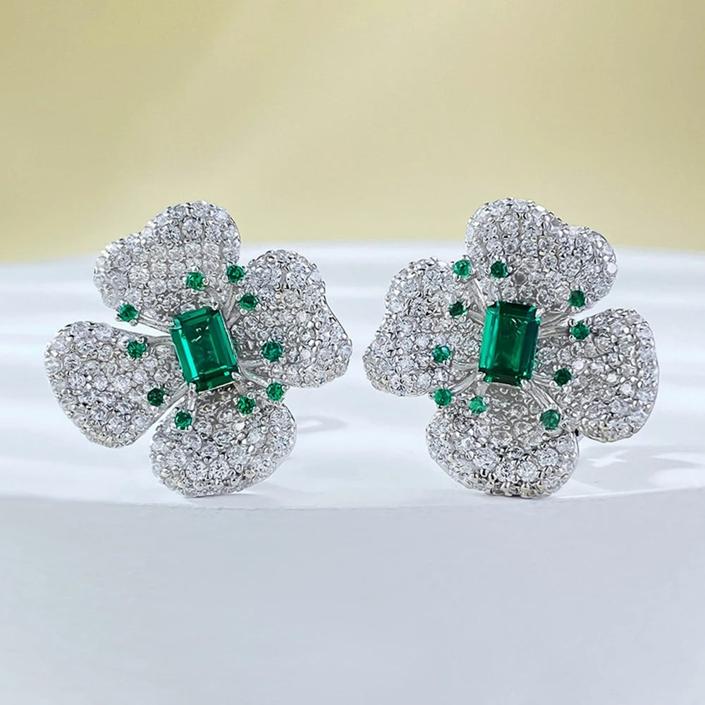 Wong Rain 100% 925 Sterling Silver Sparkling 4*6 MM Emerald High Carbon Diamond Gemstone Flower Ear Studs Earrings Fine Jewelry