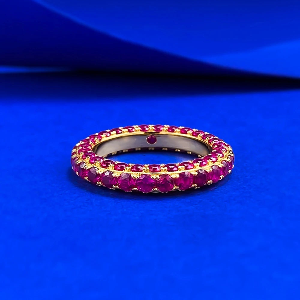 Wong Rain Vintage Solid 925 Sterling Silver Round Cut Ruby Gemstone Row Ring for Women Fine Jewelry Wedding Band Gifts Wholesale