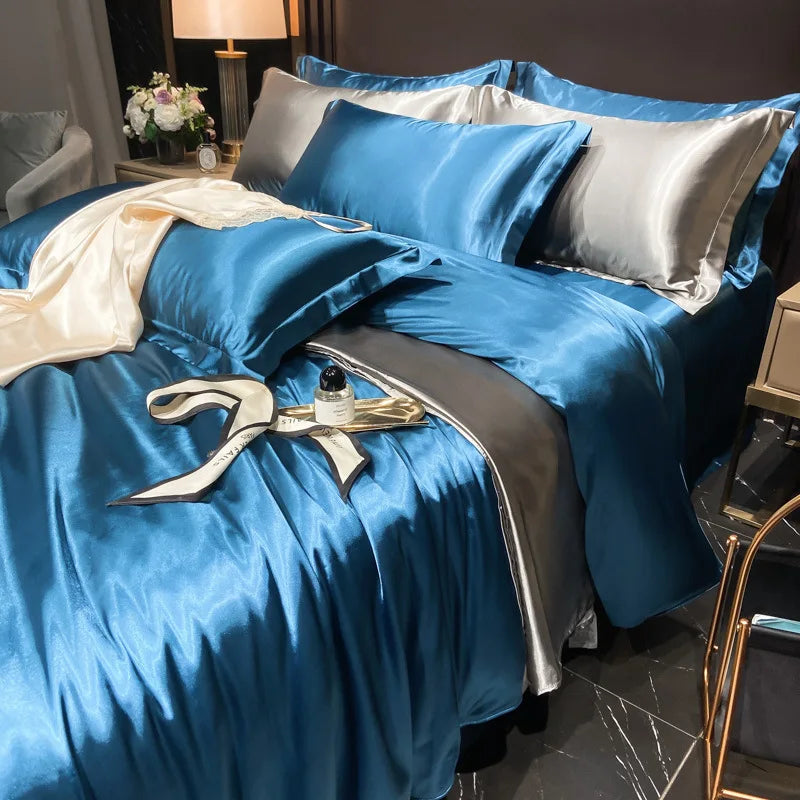 Real 100% Mulberry Silk Bedding Set with Duvet Cover Fitted/Flat Bed Sheet Pillowcase Solid Color 4pcs King Queen Twin Bed Sets