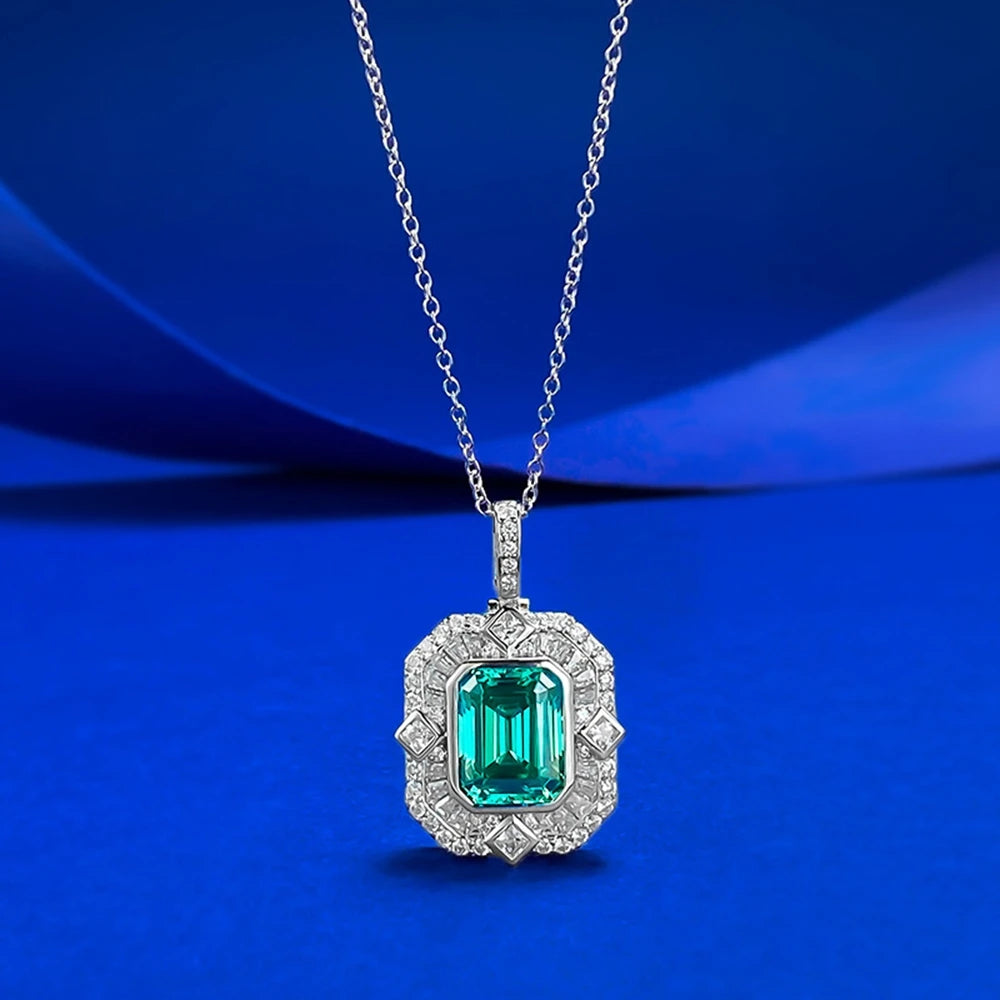 Wong Rain Vintage 925 Sterling Silver Asscher Cut 8*10 MM Paraiba Tourmaline High Carbon Diamonds Pendant Necklace Fine Jewelry