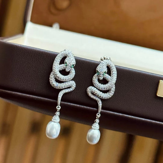 Original 925 Silver High-carbon Diamond Natural Pearl Snake Ear Drop Dangles Silver Boa Lab-grown Diamond Earring Fine Jewelry