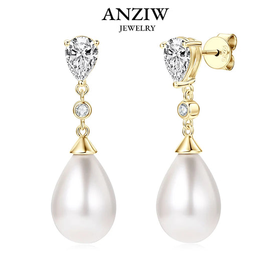 Anziw Elegant 925 Sterling Silver Earrings 13mm White Shell Pearl Drop Stud Earrings Engagement Wedding Fine Jewelry for Women