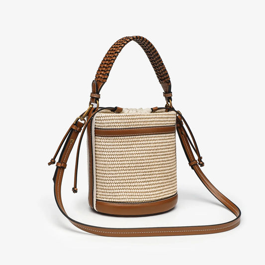 Fashion Straw Bucket Bag Weave Women Handbags Designer Panelled Shoulder Crossbody Bags Casual Summer Beach Small Tote Purses