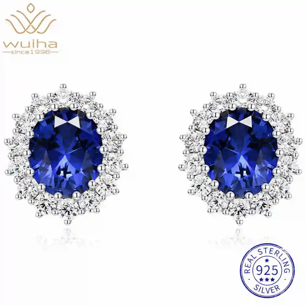 WUIHA Vintage 925 Sterling Silver 9 * 11 MM Oval Cut Lab Sapphire High Carbon Diamonds Gemstone Ear Studs Earrings Fine Jewelry