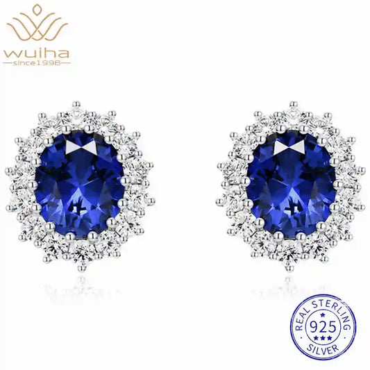 WUIHA Vintage 925 Sterling Silver 9 * 11 MM Oval Cut Lab Sapphire High Carbon Diamonds Gemstone Ear Studs Earrings Fine Jewelry