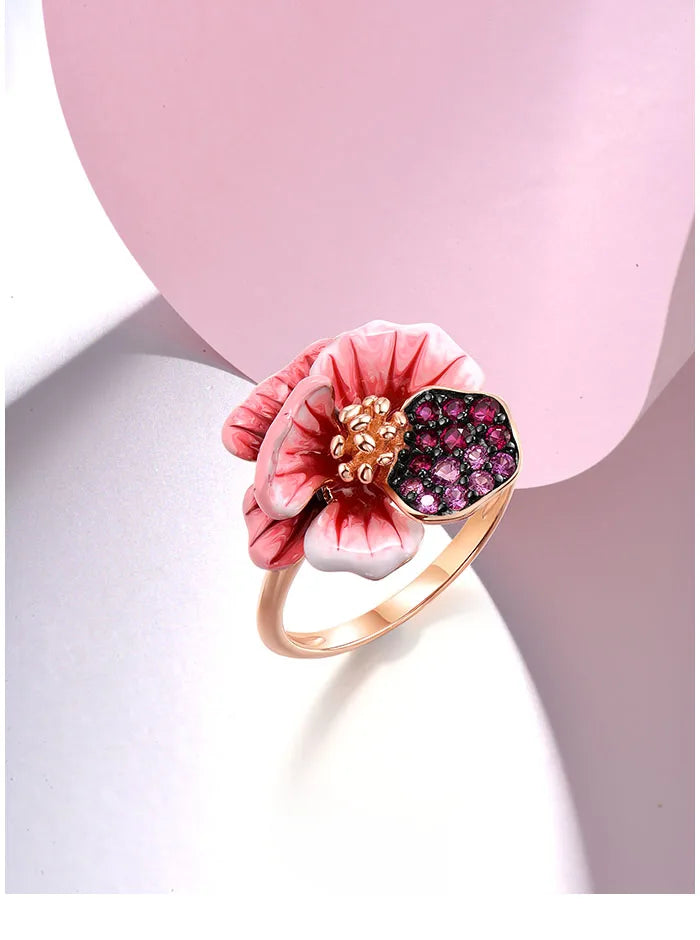 SANTUZZA Real 925 Sterling Silver Ring For Women Sparkling Created Red Sapphire Enamel Fancy Wedding Party Gifts Fine Jewelry