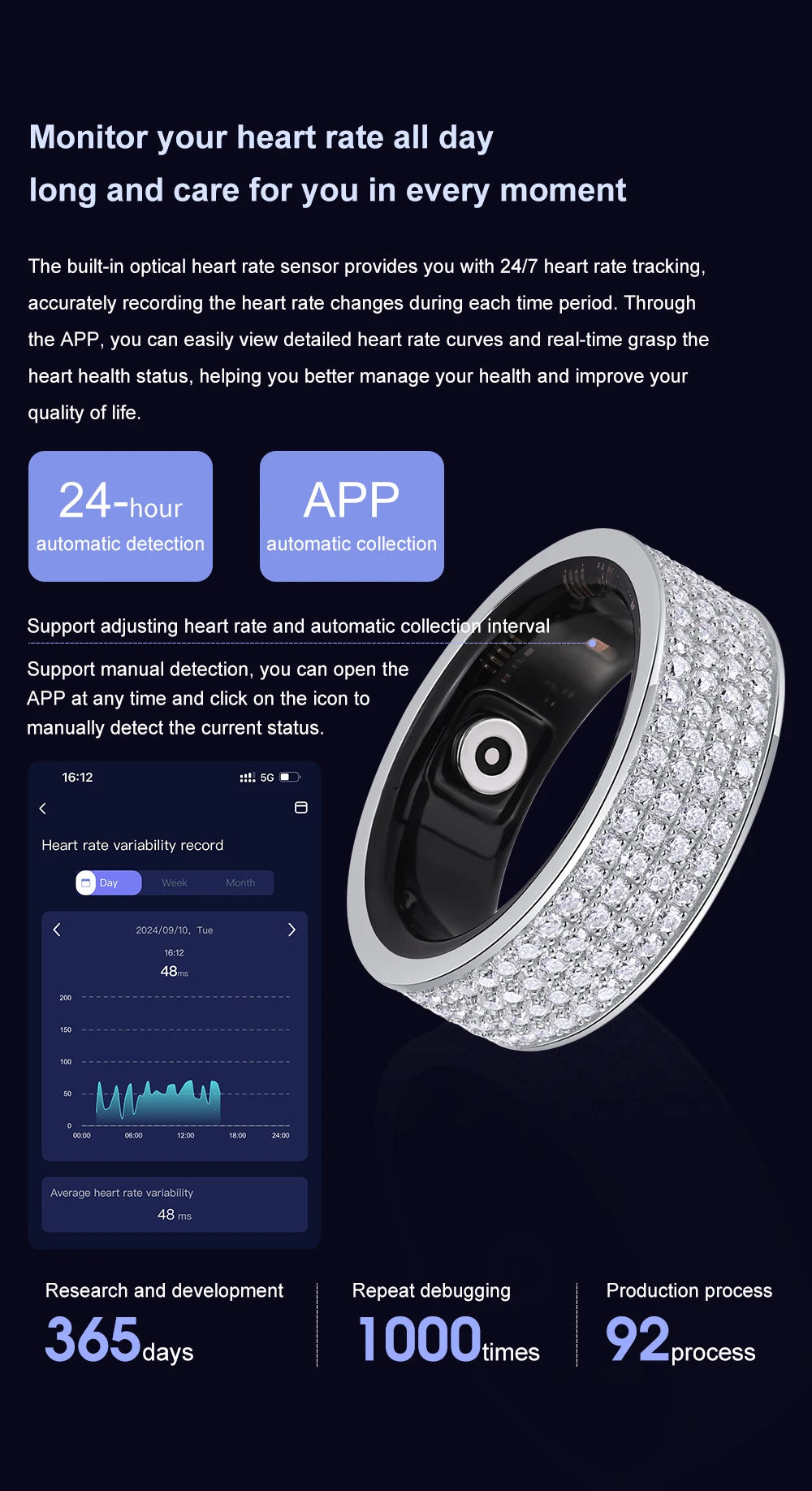 JIUZUAN 925 Sterling Silver Band Moissanite Bluetooth Monitoring Heart Rate Blood Oxygen Healthy Sleep Waterproof Smart Ring