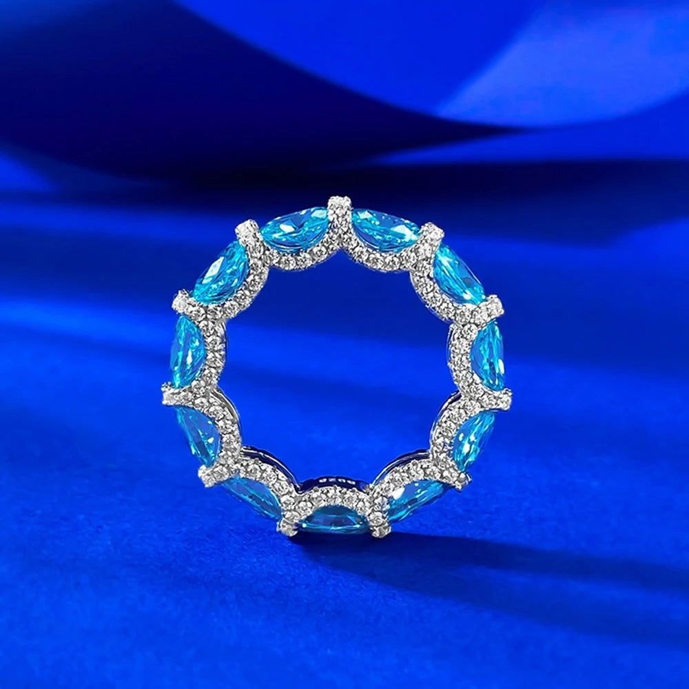 Wong Rain Luxury 925 Sterling Silver Oval Cut 4*6 MM Aquamarine High Carbon Diamond Gemstone Row Rings Fine Jewelry Wedding Band