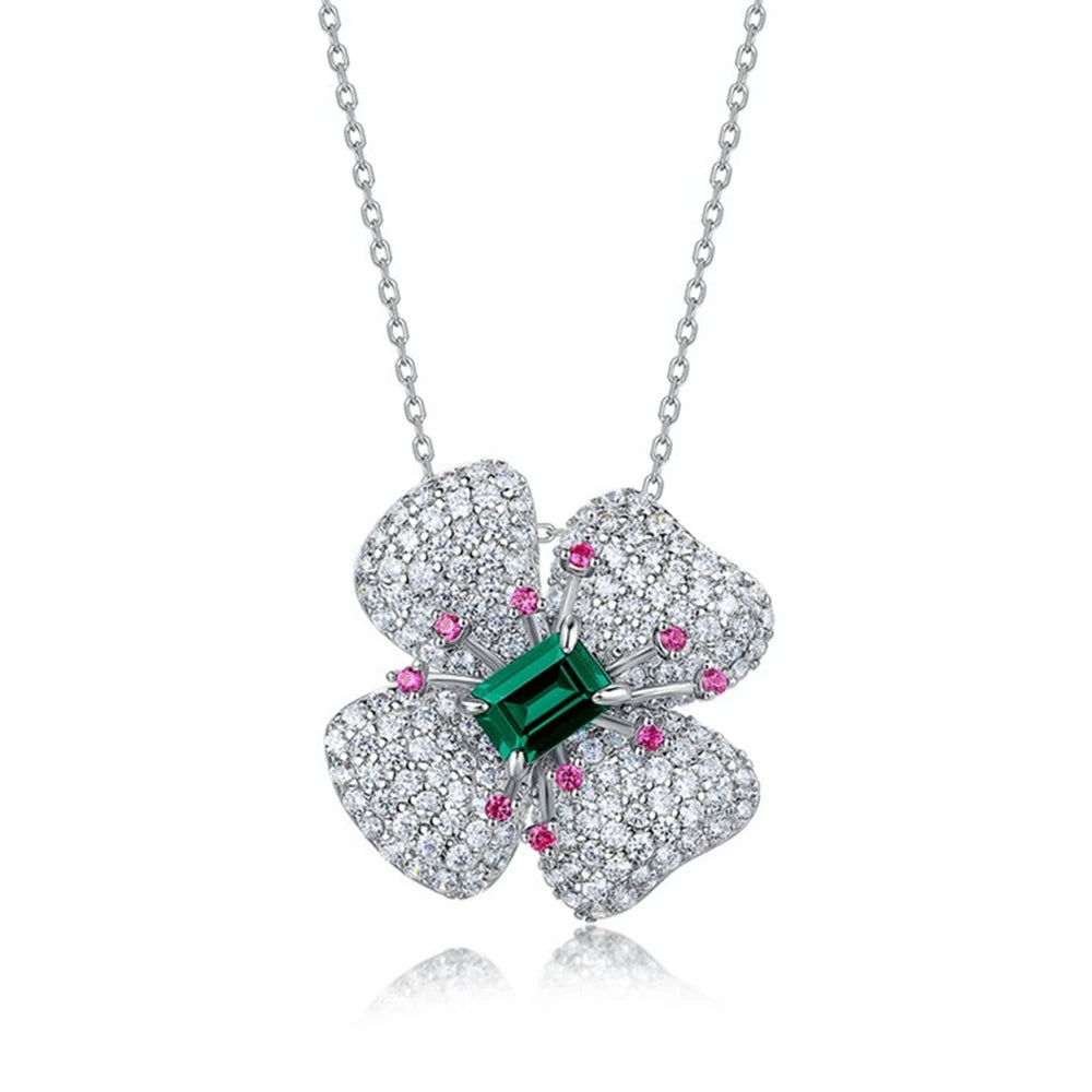 Wong Rain 925 Sterling Silver Emerald Cut 5*7 MM Emerald Sapphire Ruby High Carbon Diamond Flower Pendant Necklace Fine Jewelry