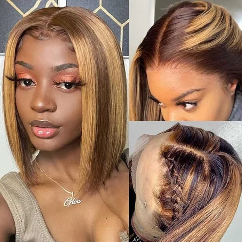 Highlight Ombre Straight Short Bob 4x4 Lace Closure Wigs 100% Human Hair Vietnamese 200 Density #4/27 Color 13x4 Lace Front Wig