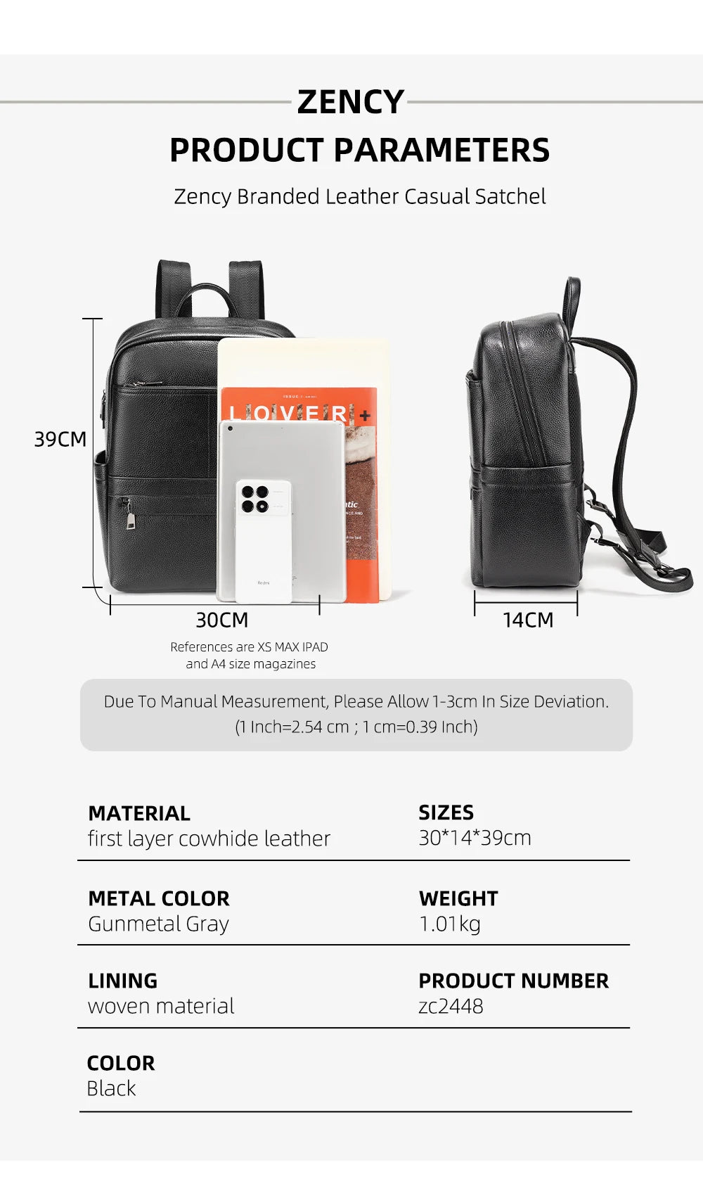 Zency Genuine Leather Backpack Bag Simple Casual Large Capacity Women's Knapsack Travel Outdoor Female Rucksack Unisex Mochilas