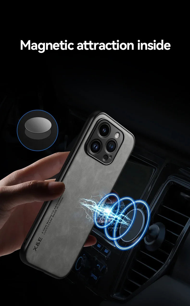 Luxury Leather Case For iPhone 16 16e 15 14 13 12 11 Pro Max Plus 12 13 Mini X XS SE 8 7 Cover With Metal Plate Support Car Hold