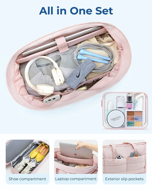 BAGAMRT Travel Bags Puffy Tote Bag Large Capacity Quilted Shoulder Handbag traveling Luggage Bags with Shoe Separation