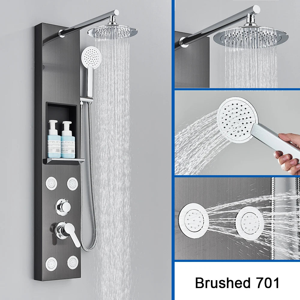 Brushed Nickel Shower Panel Column Rain&Waterfall Shower Head  Massage Jets Hot and Cold Mixer Tap Bathroom Shower Faucet