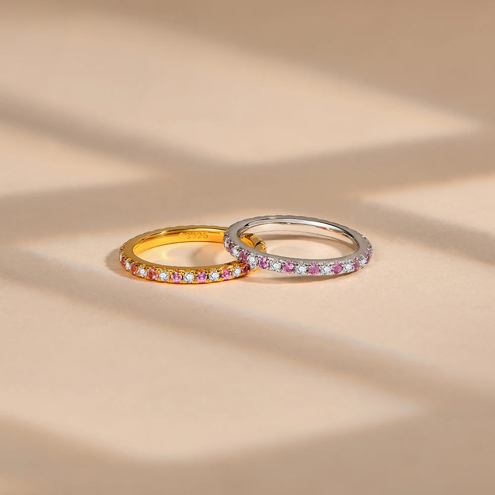 ATTAGEMS 2023 Round Moissanite Ring Real S925 Silver Stackable Rings for Women Pink and Blue Saphire Wedding Band Fine Jewelry