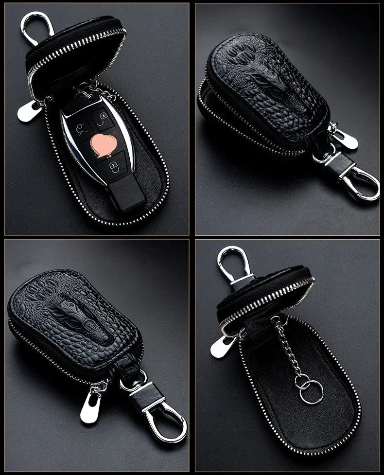 Cowhide Car Key Wallet Case Genuine Leather Crocodile Pattern Zipper Cover Mini Waist Trailer Key Bag Unisex with Metal Buckle