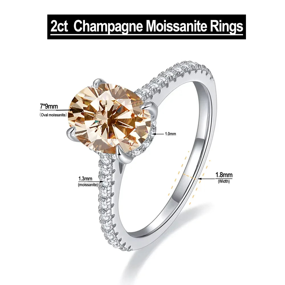 Serenity 2ct Oval Cut Champagne Moissanite Rings for Women Men 100% S925 Sterling Silver Plated 18K Lab Diamond Eternity Rings
