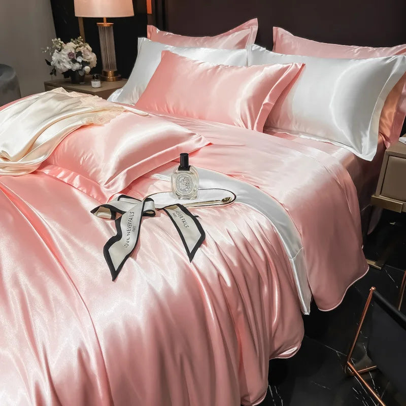 Real 100% Mulberry Silk Bedding Set with Duvet Cover Fitted/Flat Bed Sheet Pillowcase Solid Color 4pcs King Queen Twin Bed Sets
