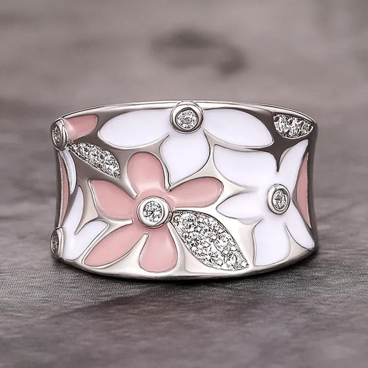 Huitan Aesthetic Enamel Flower Finger Ring for Women Wedding Party New 2023 Ring Silver Color Luxury Cubic Zirconia Jewelry Gift