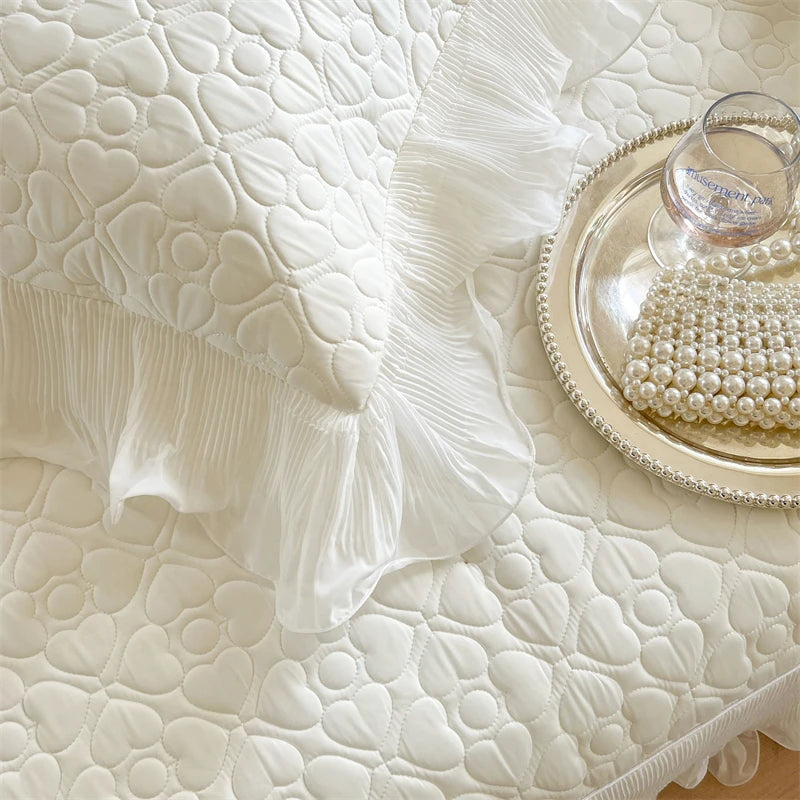 Summer Lace Ruffles Quilted Cooling Bed Skirt, Cool Feeling Fibre Mattress Cover, Bedspread, Bed Sheet, With Pillowcases, 3Pcs