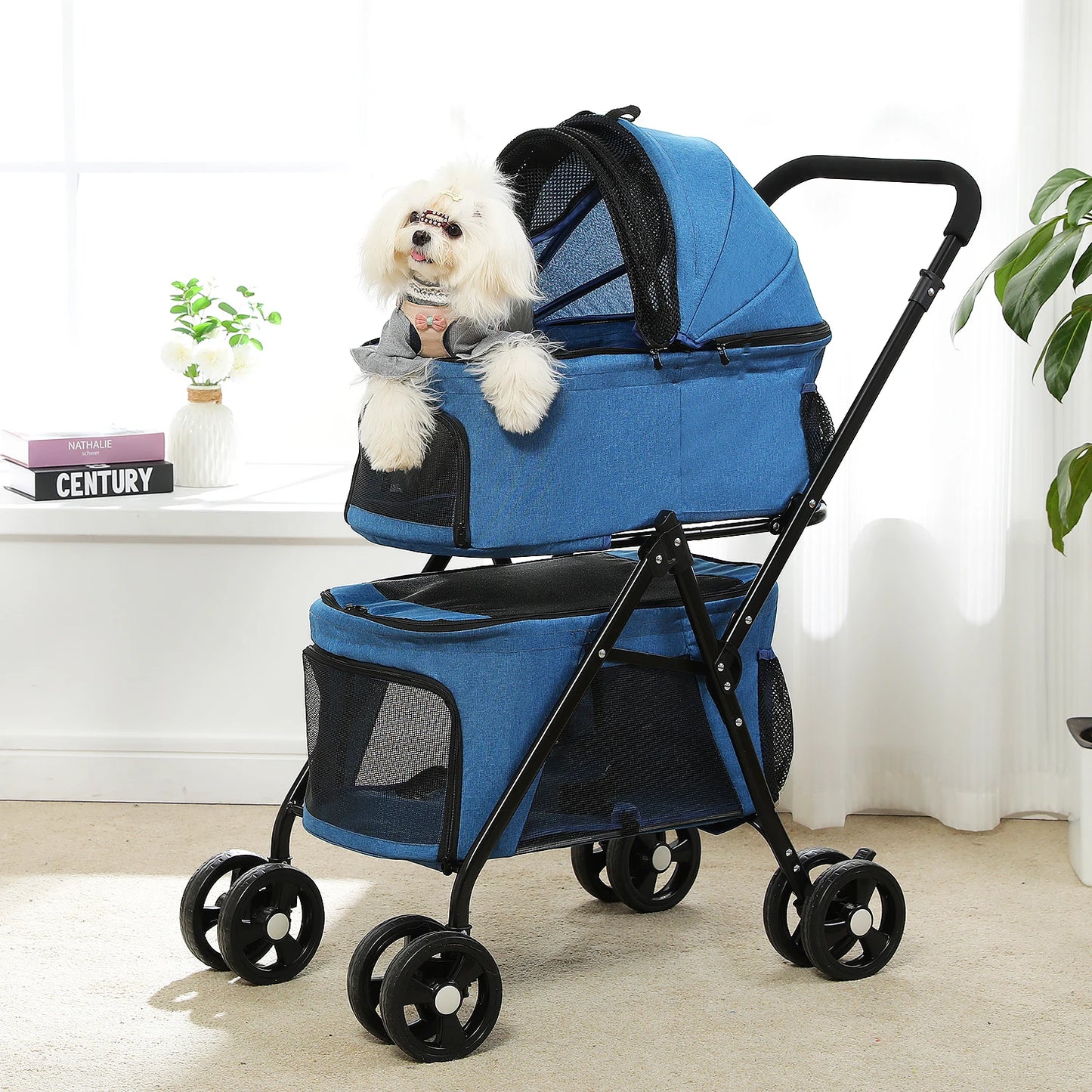 Foldable Pet Stroller 4-Wheel Dog Travel Stroller Pushchair Jogger with Storage Basket for Puppy Cat Pet Suplies Outdoor
