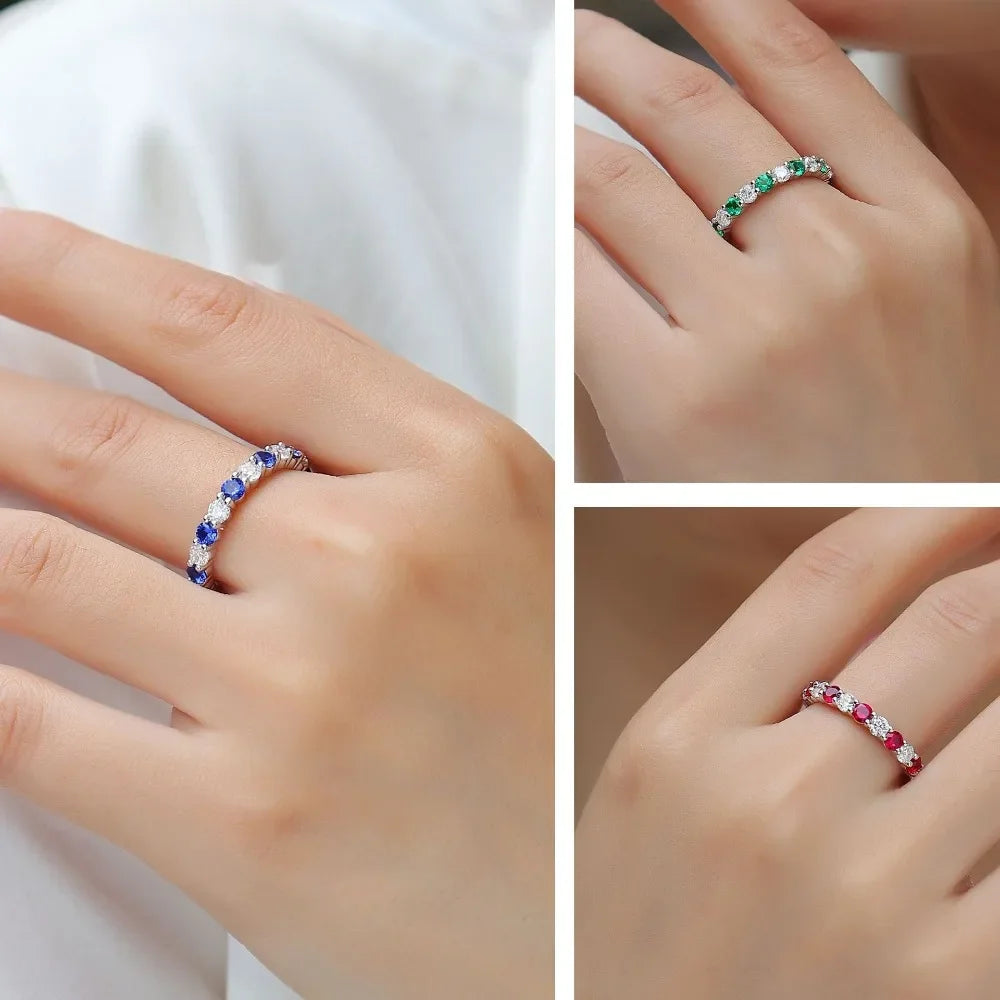 LinkerLove Lab Created Gemstone Sapphire/Emerald/Ruby Wedding Band S925 Sterling Silver Moissanite Diamond Ring Party Jewelry
