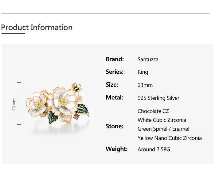 SANTUZZA Pure 925 Sterling Silver Rings For Women Green Spinel Yellow White CZ Handmade Enamel Flower Ring Delicate Fine Jewelry