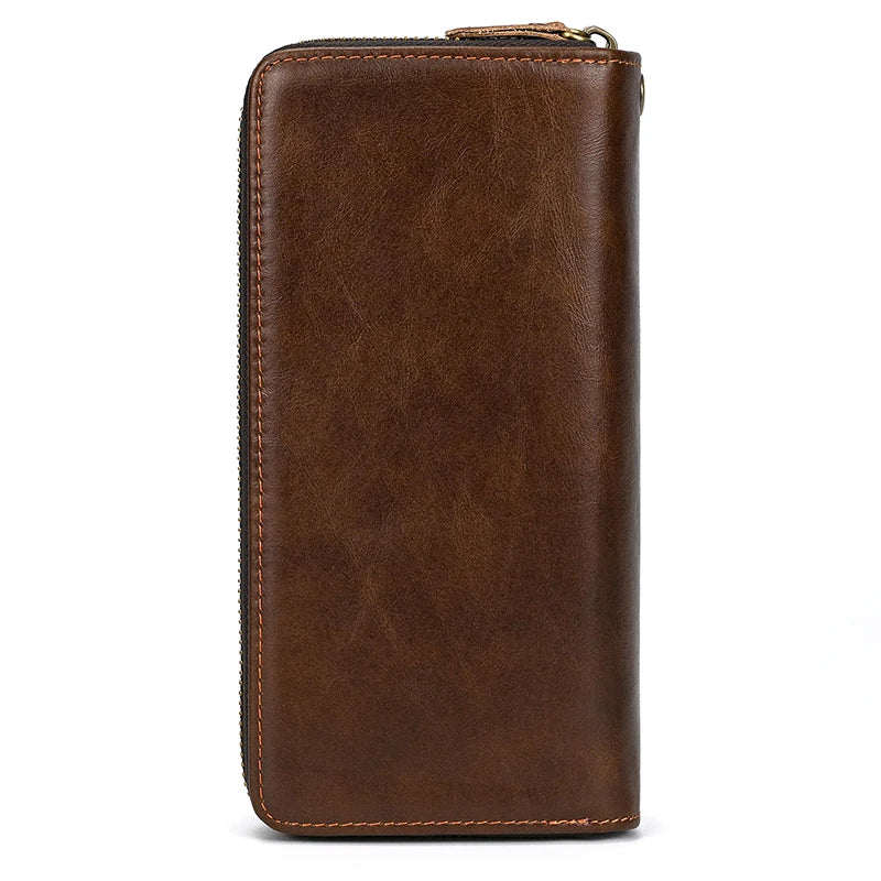 Men's crazy horse Leather long wallet Zip around genuine leather wallet Phone case purse with coin pocket 4 interlayer pocket
