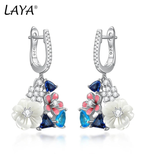 LAYA Earrings For Women White Shell Flower Shining Zircon Handmade Enamel Engagement Romantic Wedding Trendy Party Fine Jewelry