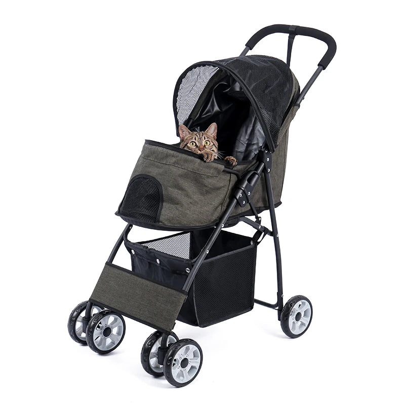 Foldable Pet Stroller 4-Wheel Dog Travel Stroller Pushchair Jogger with Storage Basket for Puppy Cat Pet Suplies Outdoor