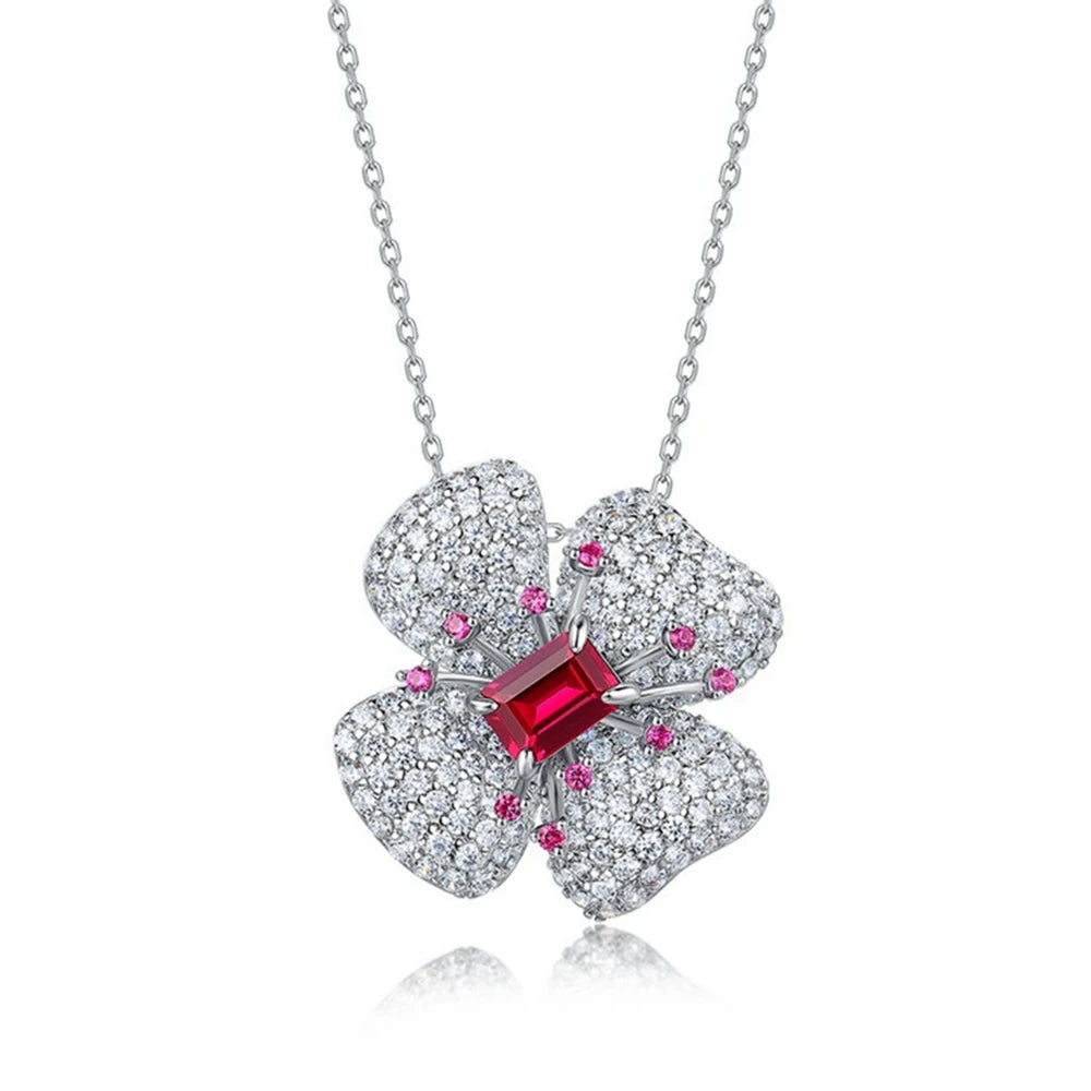 Wong Rain 925 Sterling Silver Emerald Cut 5*7 MM Emerald Sapphire Ruby High Carbon Diamond Flower Pendant Necklace Fine Jewelry