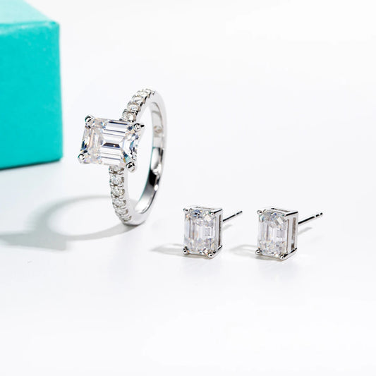 AnuJewel 3ct Emerald Cut Moissanite Engagement Ring 1ct Emerald Stub Earrings Bridal Sets 925 Sterling Silver Wedding Band