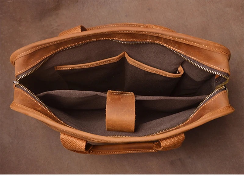 GURO Vintage Wild Handbag Male Genuine Leather Business Briefcase Original Cowhide Shoulder Messenger Bag A4 File 14″ Laptop Bag