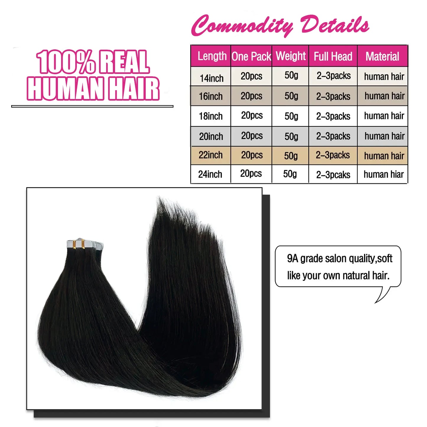Tape In Hair Extensions Remy Human Hair 20pcs Straight Seamless Skin Weft Tape Hair Extensions Natural Black Hair For Women