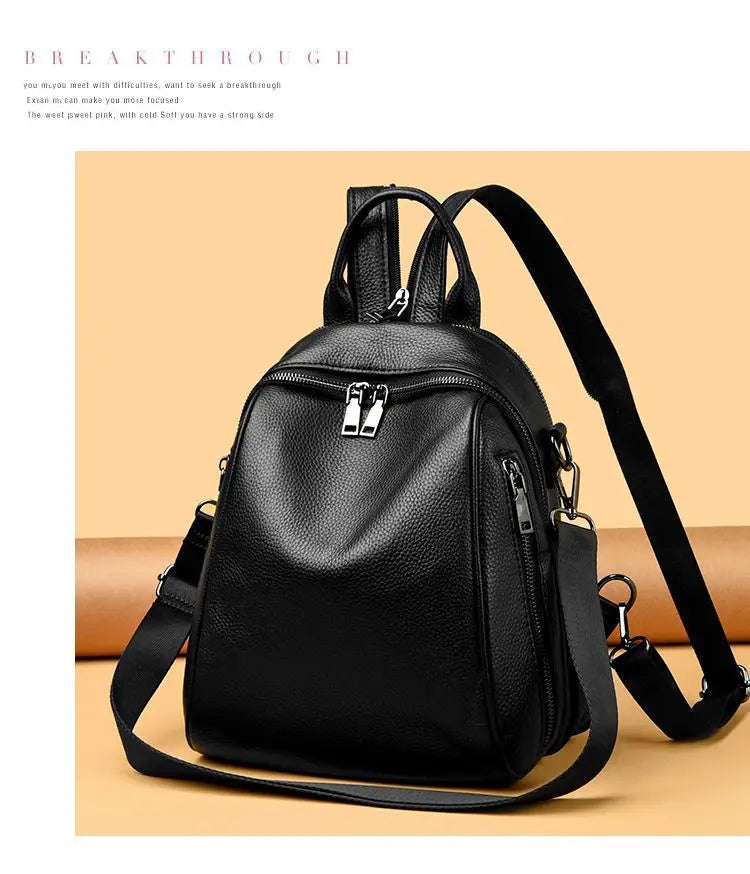 2026 New Fashionable Pure Color Leather Backpack Women's Cross-Border Travel Bag Durable Soft Cowhide Shoulder Bag for All Ages