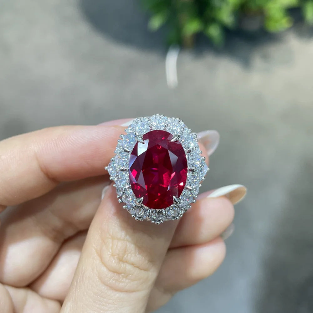 Vinregem 12CT Oval Cut Sapphire Ruby High Carbon Diamond Gemstone 925 Sterling Silver Women Rings Engagement Fine Jewelry Gifts