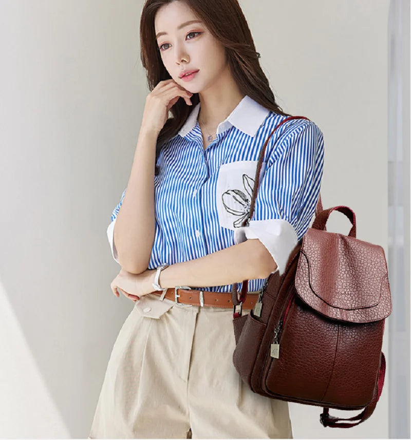 New Women's High Quality Leather Travel Backpack Fashion Luxury Large Capacity Shoulder Bags School Bag Teenagers Girls Totes