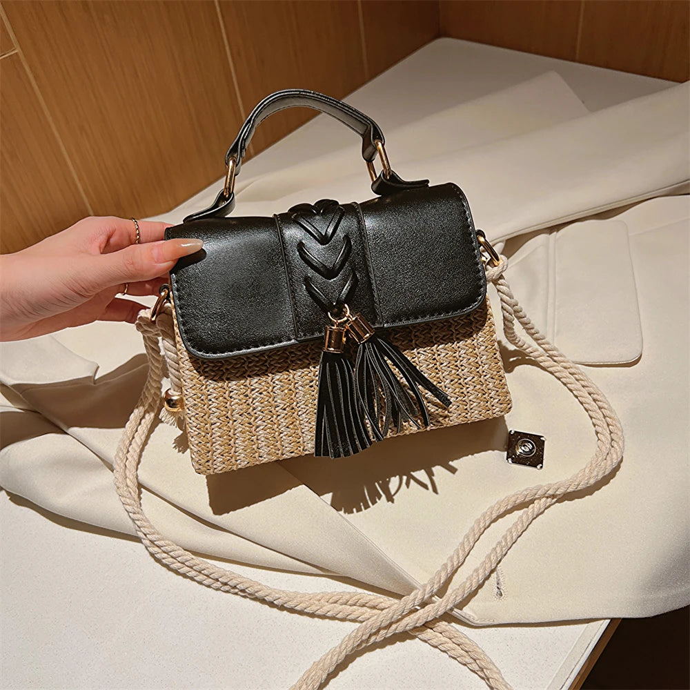 MOODS Straw Beach Bag For Women 2023 Summer New Luxury Designer Handbags Hit Color Tassels Shoulder Crossbody Box Bag Sac A Main