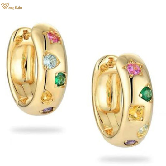 Wong Rain Vintage 925 Sterling Silver Lab Sapphire High Carbon Diamond Gems Colorful Hoop Earrings Fine Jewelry Anniversary Gift