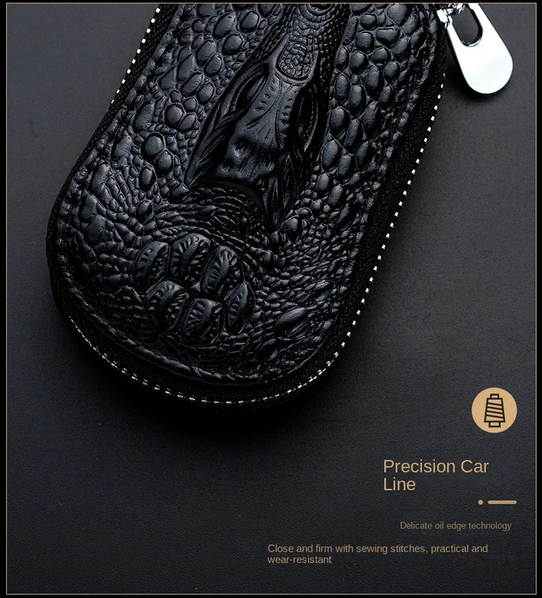 Cowhide Car Key Wallet Case Genuine Leather Crocodile Pattern Zipper Cover Mini Waist Trailer Key Bag Unisex with Metal Buckle