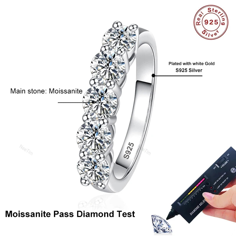 NeeTim Full 4mm Moissanite Ring for Women 5 Stones Diamond Wedding Band Bride S925 Sterling Silver with White Gold Plated Rings