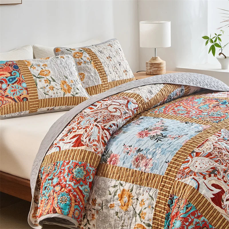 New Quilted Bedspread Set,Soft Microfiber,Thick Bed Cover+Pillowcase,European Flower Patchwork Mattress Topper Bed Sheets King