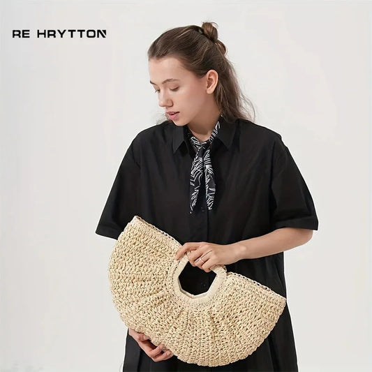 Summer Straw Women Half-moon Beach Handbag Rattan Handmade Handle Fashion Kintted Tote Bag