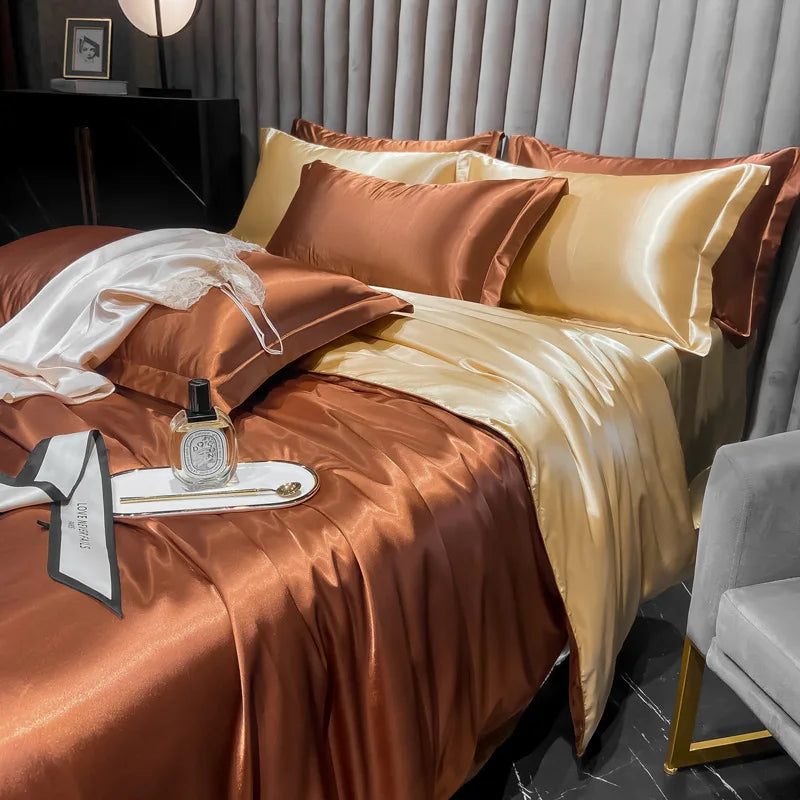 Real 100% Mulberry Silk Bedding Set with Duvet Cover Fitted/Flat Bed Sheet Pillowcase Solid Color 4pcs King Queen Twin Bed Sets