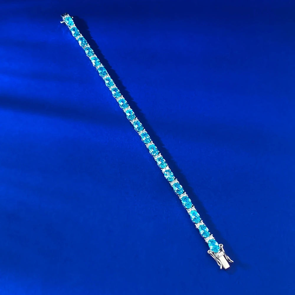 Wong Rain Classic 925 Sterling Silver Oval Cut 4*6MM Aquamarine High Carbon Diamond Gems Bracelets Bangle Fine Jewelry Wholesale