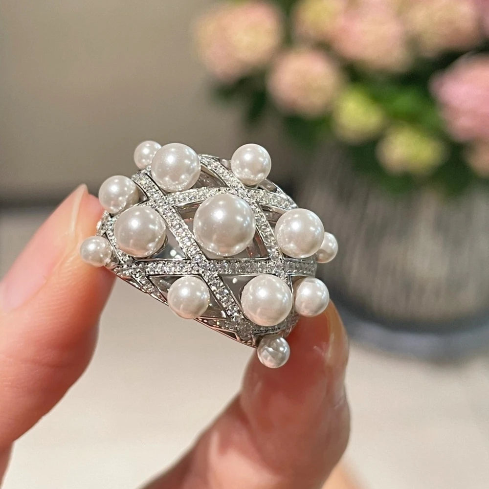 Wong Rain Sparkling 925 Sterling Silver Full Pearl High Carbon Diamond Gemstone Wedding Engagement Ring for Women Fine Jewelry