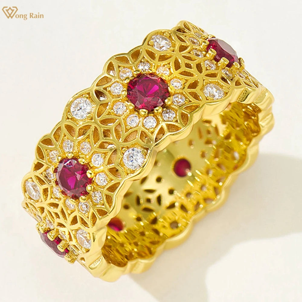 Wong Rain Vintage 925 Sterling Silver Round Cut Ruby High Carbon Diamond Gem Row Ring for Women Fine Jewelry Anniversary Gifts