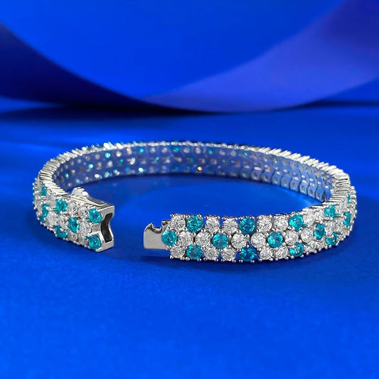 Wong Rain Luxury 925 Sterling Silver Paraiba Tourmaline High Carbon Diamond Gems Women Bracelets Bangle Fine Jewelry 15-18 CM