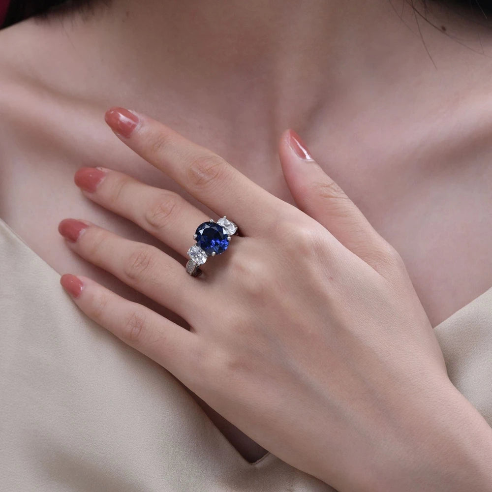 Wong Rain Classic 925 Sterling Silver Oval Cut Sapphire High Carbon Diamond Gems Pendant/Necklace/Earrings/Rings Jewelry Sets